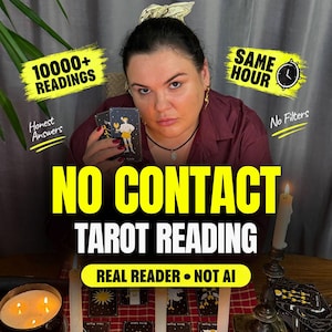 May include: A person in a maroon shirt holds tarot cards featuring a figure with a cup. Text overlays include 10000+ READINGS, SAME HOUR, NO CONTACT TAROT READING, REAL READER • NOT AI, HONEST ANSWERS, and No Filters. Candles and cards are on the table.