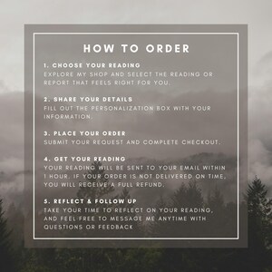 May include: A square graphic with the text "HOW TO ORDER" and numbered steps for ordering a reading. The background features a blurred image of a forest and sky. The steps include choosing a reading, sharing details, placing an order, getting the reading, and reflecting.