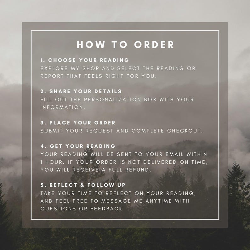 May include: A square graphic with the text "HOW TO ORDER" and numbered steps for ordering a reading. The background features a blurred image of a forest and sky. The steps include choosing a reading, sharing details, placing an order, getting the reading, and reflecting.