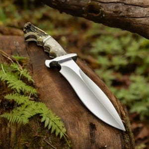 Peut inclure: Un couteau de chasse argenté avec un manche en bois de cerf blanc et brun. Le couteau est posé sur un morceau de bois avec de la végétation verte en arrière-plan.