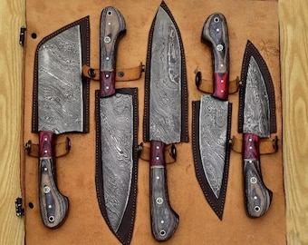 Hand Forged Damascus Steel Chef Knife Set, Kitchen Knives | Chef Knive Set, Handmade 5 Pcs Luxury Damasuc Knife Gift for him, Gifts for her
