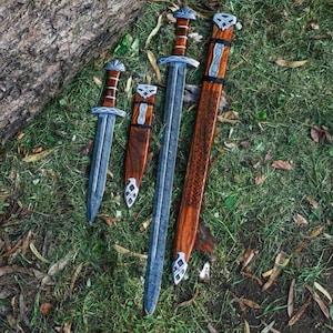 May include: A selection of Viking-style swords and a dagger are displayed on green grass. The blades are silver, with wooden handles and sheaths. The largest sword is approximately 76 cm long, with detailed carvings on the sheath.
