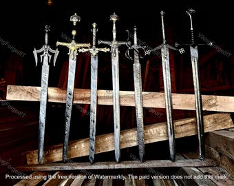 Handgjort Damaskusstål Äkta medeltida svärd, vikingasvärd, handgjort tempelriddarsvärd, heligt svärd, monogramsvärd, julklapp, presenter