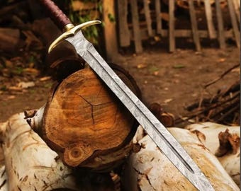Real Medieval Viking Damascus steel Handmade sword with Leather, Vikings sword, Monogram sword, Templers holy sword, Christmas gift for him