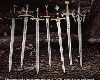 Middeleeuws Vikingzwaard muurdisplay Damascus staal handgemaakt zwaard met leer, woondecoratie, cadeau Vikingzwaard, monogramzwaard, kerstcadeau
