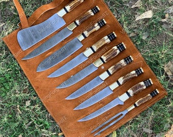 Cuchillos de Damasco hechos a mano, cuchillos de carnicero y chef para camping al aire libre, juego de 9 cuchillos de asta de ciervo, regalo de boda, regalo para padrinos de boda, regalo de cumpleaños