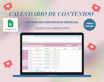 Monthly Content Calendar Template for Facebook Instagram Social Networks in Spanish Digital Marketing Google Sheets Spreadsheet