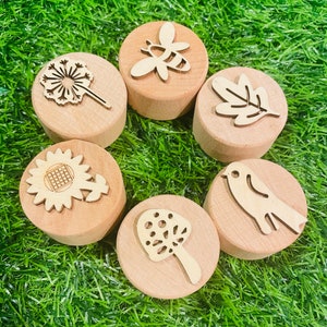 wooden dough stampers, set of 6 stamps for play dough, mini wood stamps in different themes, garden, space, fairy, llama, stamp set for kids