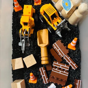 Construction Sensory Pour and Play Kit with Vehicles, tools and dyed rice   | Montessori Toy | Toddler Fine Motor Activity | STEM Play