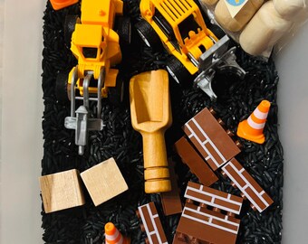 Construction Sensory Pour and Play Kit with Vehicles, tools and dyed rice   | Montessori Toy | Toddler Fine Motor Activity | STEM Play