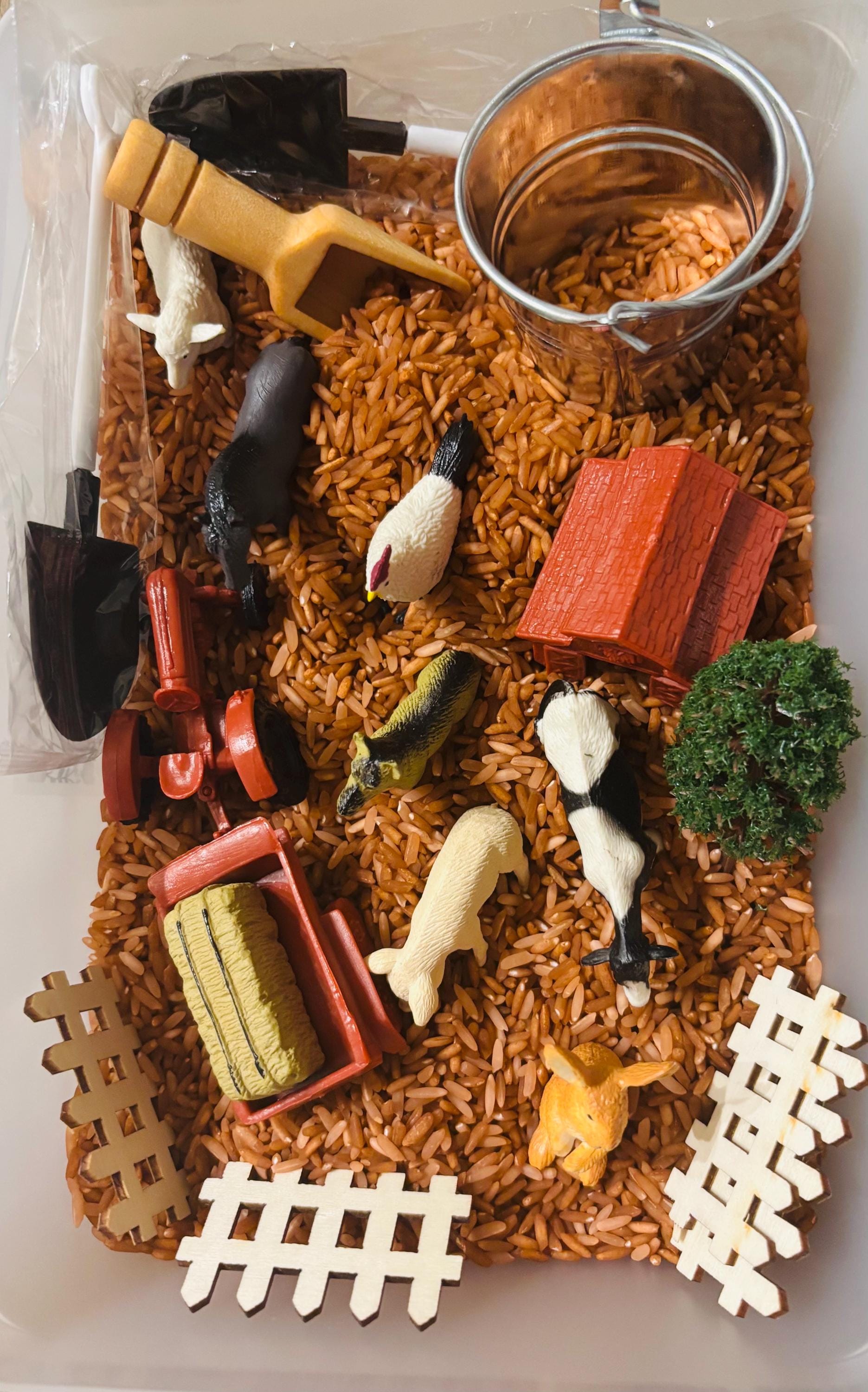 Farm Pour and Play Sensory Pack – Brown Rice Filler, Farm Animals, Tractor, Barn, Montessori Sensory Play Kit, Pretend Play Set