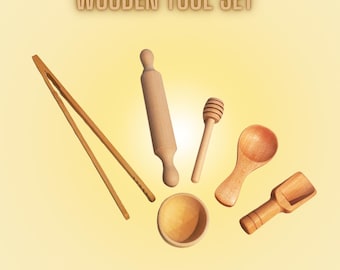Wooden Sensory Bin Starter Tools for Toddlers: Playdough Rolling Pin, Tongs and Scoop