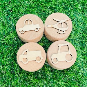 wooden dough stampers, set of 4 stamps for play dough, mini wood stamps transport theme, cars, helicopter