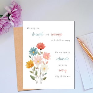 Pode incluir: Um cartão de felicitações com um design floral e as palavras "Wishing you strength and courage and a full recovery." O cartão apresenta flores em aquarela coloridas e é acompanhado por uma caneta e um bloco de notas.