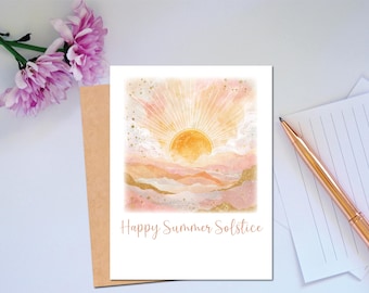 Happy Summer Solstice Card, aquarel natuur wenskaart, zomerzonsopgang kaart, zonnewende viering kaart, seizoensgebonden wenskaart