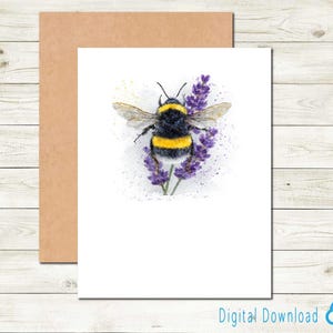 May include: A greeting card featuring a watercolor illustration of a bumblebee with yellow and black stripes, resting on purple lavender flowers. The card is on a white background, with a brown envelope behind it. The words "Digital Download" are at the bottom.