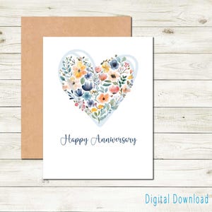 Cartão de aniversário para impressão para casal Buquê de corações Cartão de feliz aniversário Cores azul e rosa para ela Coração floral Cartão de aniversário simples