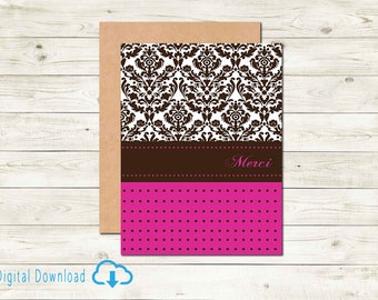 Printable Merci Card, Damask Pattern, Digital Thank You Instant Download