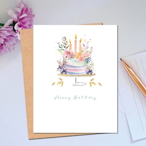 Birthday Card Watercolor Illustration of a Birthday Cake with Flowers Wishing Friend a Happy Birthday Card for Girlfriend