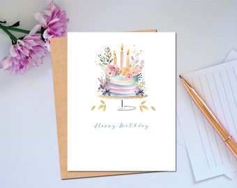 Birthday Card Watercolor Illustration of a Birthday Cake with Flowers Wishing Friend a Happy Birthday Card for Girlfriend