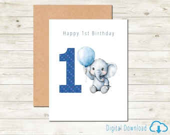 Printable 1st Birthday Card Baby Elephant Digital Birthday Card for Baby First Birthday One Year Old Birthday Card Digital Download