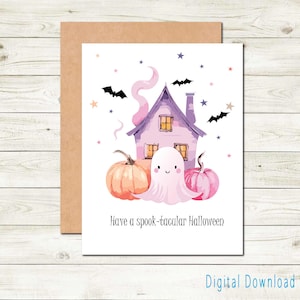 Carte imprimable Halloween fantasmagorique à téléchargement numérique avec de jolies citrouilles fantômes et une maison hantée et une carte de chauves-souris