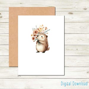 Adorable carte hérisson - Illustration animale florale mignonne - Imprimable en téléchargement numérique Woodland Series Papeterie Carte de remerciement Carte de remerciement