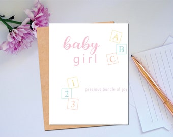 Congratulazioni per la nascita del bambino Biglietto per la nascita di una bambina Biglietto per i neo genitori ABC 123