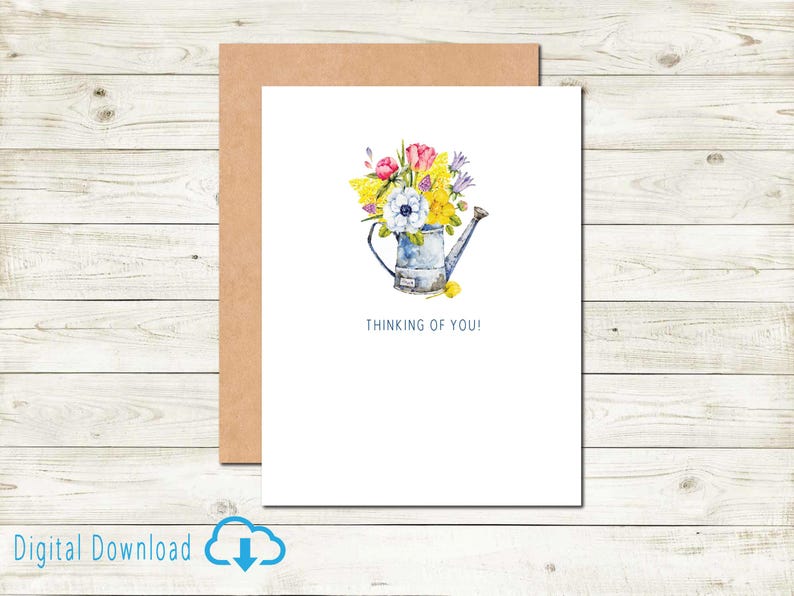 Printable Thinking of You Card – Watercolor Vintage Watering Can With ...