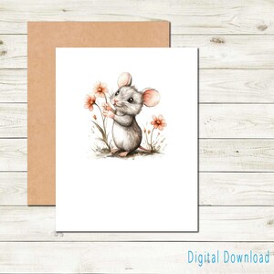 Carte de correspondance imprimable Souris mignonne avec fleurs pour toutes les occasions Carte à téléchargement numérique Carte de remerciement Série Woodland