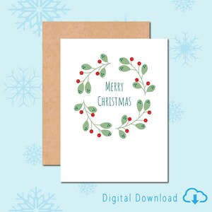 Afdrukbare kerstkaart Kerstkrans Kerstkaart Digitale downloadkaart voor vrienden Familie Collega Kaart met kerst