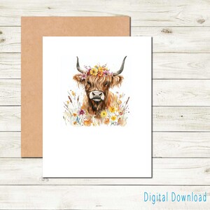 Carte de correspondance imprimable Vache Highland pour toutes les occasions Carte de téléchargement numérique Carte de remerciement Série Woodland Papeterie Thinking of You
