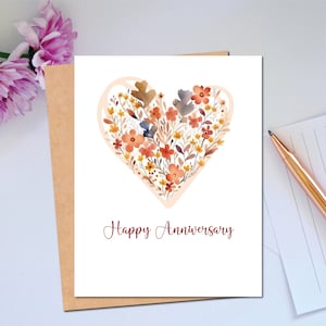 Carte d'anniversaire pour couple, bouquet de coeurs, carte de joyeux anniversaire, couleurs d'automne pour elle, coeur floral, carte d'anniversaire simple pour femme