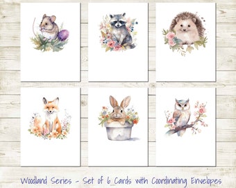 Wildlife Set of Note Cards 6 Woodland Series Cards Everyday Note Card For Any Occasion Cards of Mouse, Raccoon, Hedgehog, Fox, Bunny and Owl