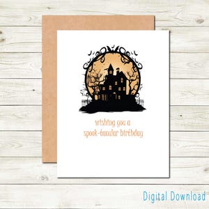 Carte d'anniversaire imprimable maison hantée fantasmagorique Carte à téléchargement numérique avec maison effrayante et chauves-souris Carte d'anniversaire Halloween drôle