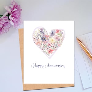 Anniversary Card for Couple Heart Bouquet Happy Anniversary Card Purple Colors for Her Floral Heart Simple Anniversary Card for Wife
