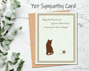 Carte de condoléances pour animal de compagnie avec silhouette de chat – « Que les bons souvenirs vous réchauffent toujours le cœur » – Carte de condoléances perte d'un chat
