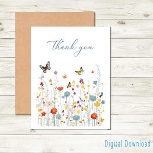 Tarjeta de agradecimiento imprimible con flores y mariposas Tarjeta de descarga digital Tarjeta de agradecimiento para maestro o amigo Tarjeta para mostrar su agradecimiento