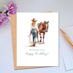 Carte d'anniversaire cow-girl pour voeux de joyeux anniversaire, fille d'anniversaire spéciale amante des chevaux