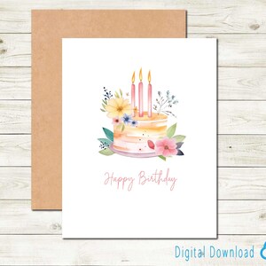Printable Happy Birthday Cake Card Digital Download Birthday Card to Send Birthday Wishes