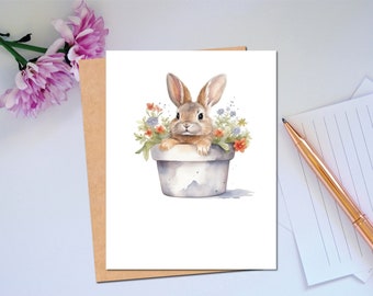 Woodland Series Cute Bunny in a Pot Card Everyday Note Card For Any Occasion Whimsical Card of Rabbit Stationery Blank Card Wildlife Card