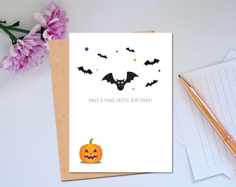 Karta urodzinowa z nietoperzami i dynią Jack-o-lantern na Halloween. Karta na Halloween. Mam fantastyczną kartę urodzinową.