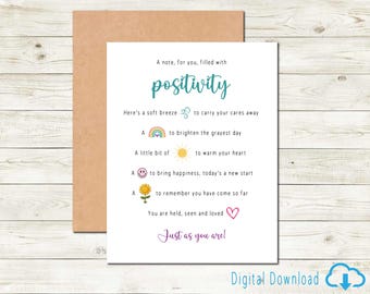 Tarjeta de positividad imprimible para un amigo necesitado. Tarjeta para pensar en ti. Tarjeta de ánimo. Nota para ti llena de pensamientos positivos y palabras de aliento.