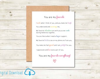 Printable You are My Favorite Card Valentine's Card for Him Valentine's Card for Her Love You Card My Favorite Person Card Love 4 Valentine