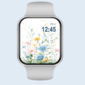 Papel de parede de flores azuis para Apple Watch, design floral de primavera, fundo floral para relógio, download digital, mostrador de relógio inteligente