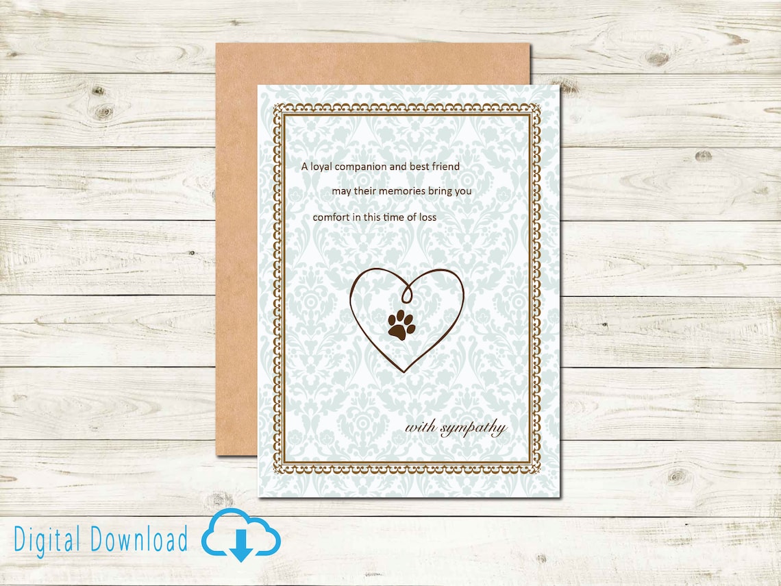 Printable Pet Sympathy Card Digital Download Heart Sympathy Paw Loss of ...