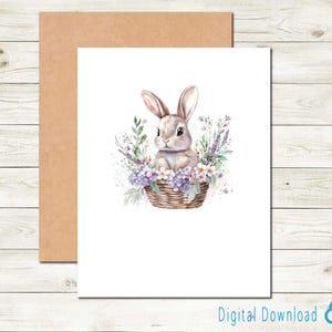 Carte de correspondance imprimable petit lapin et fleurs violettes pour toutes les occasions Carte de remerciement fleurs en téléchargement numérique série Woodland