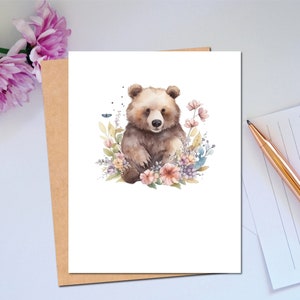 Cartão da série Woodland, pequeno urso, cartão de anotações para o dia a dia, para qualquer ocasião, cartão caprichoso com flores da primavera e um urso, cartão em branco, vida selvagem