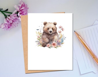 Woodland Series Little Bear Card Everyday Note Card For Any Occasion Whimsical Card of Spring Flowers and a Bear Blank Card Wildlife