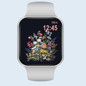Flores em papel de parede preto Apple Watch Design floral Mostrador de relógio Fundo floral preto para download digital de relógio Mostrador de relógio inteligente